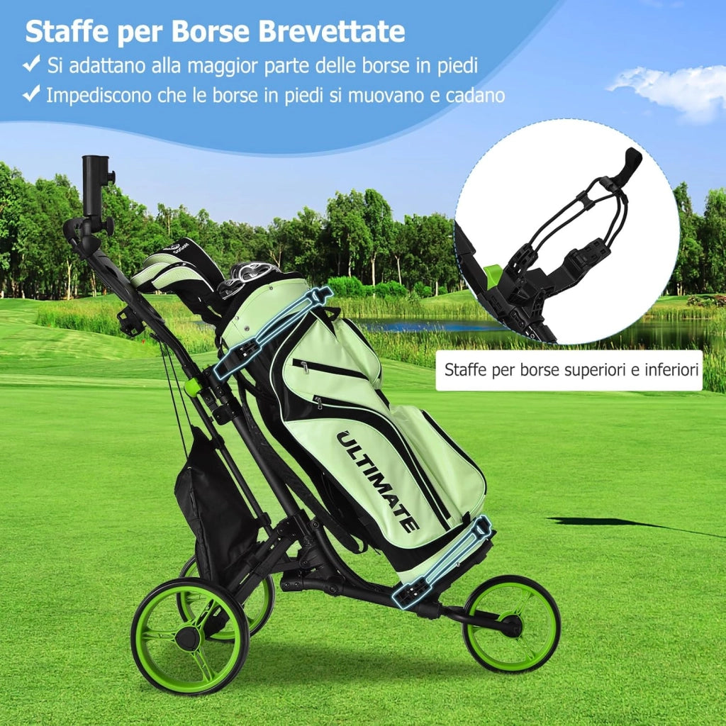Carrello da Golf Pieghevole con 3 Ruote, Struttura in Alluminio, Cinghia Elastica, Portaombrello Regolabile e Porta Bicchiere, Segnapunti e Freno a Pedale
