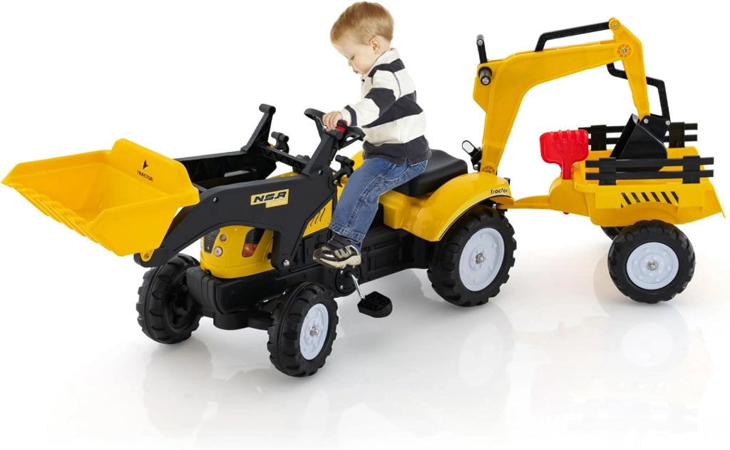 3 in 1 Escavatore per Bambini, Trattore con Rimorchio Staccabile Cavalcabile per Bambini, con 6 Ruote e 2 Benne, per 3-6 Anni (Giallo)