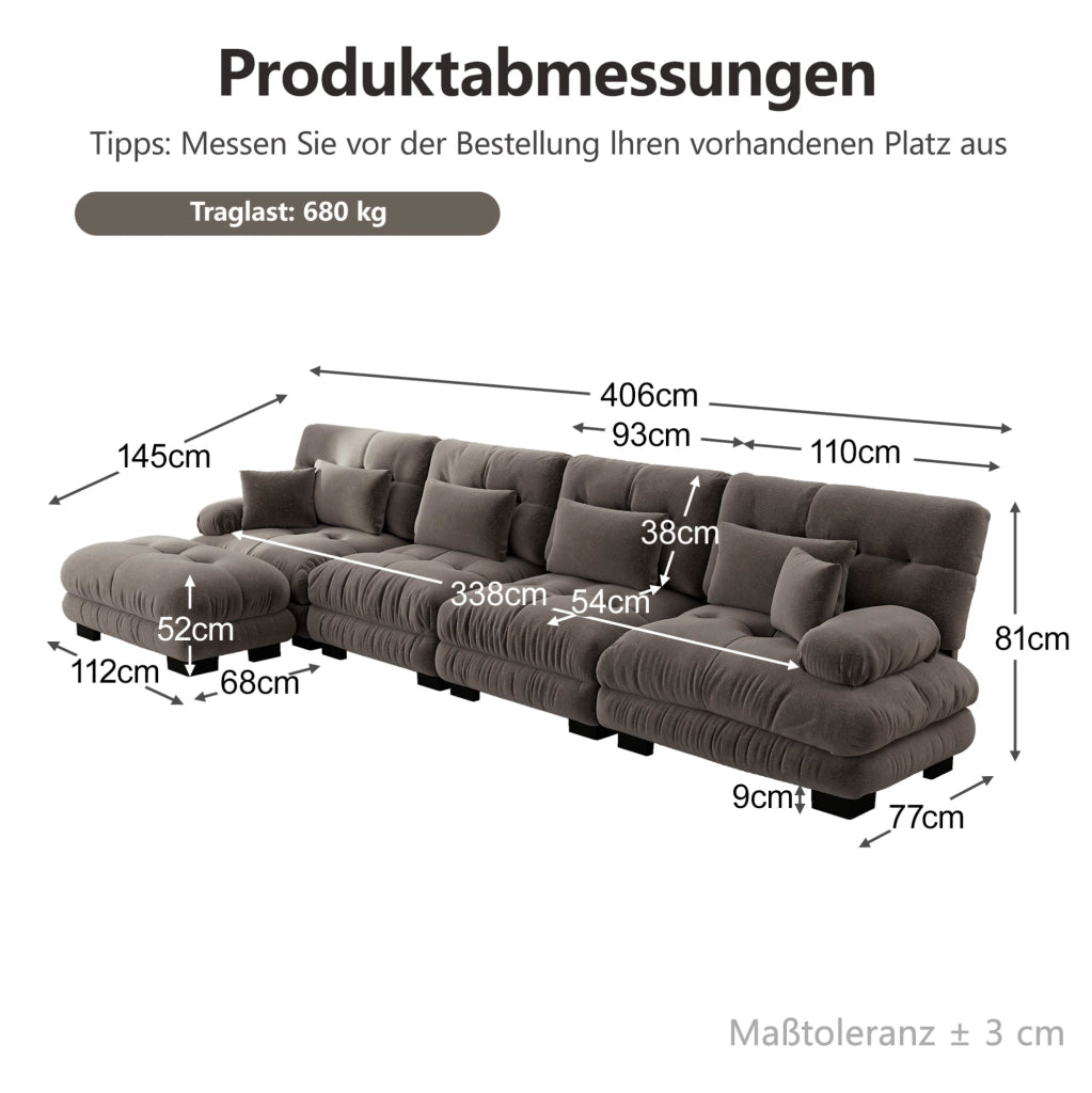 Divano modulare 4 posti con ottomane mobili 406x145x81 cm in ciniglia marrone