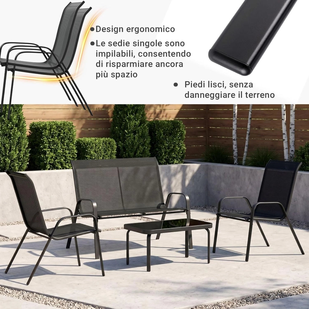 Set Salotto da Giardino 4 Pezzi, Set Mobili da Esterno con Divano 2 Posti, 2 Poltrone, 1 Tavolino in vetro, Textilene Traspirante, Set da Conversazioni per Piccolo Balcone, Terrazzo (Nero)