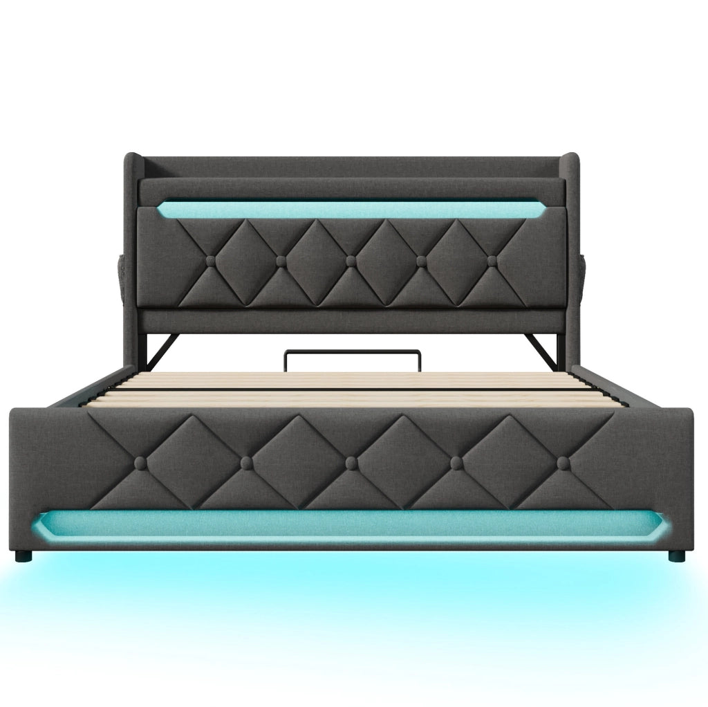Letto matrimoniale 140x200 cm in lino grigio con LED; testiera con porte USB e Type-C; contenitore idraulico