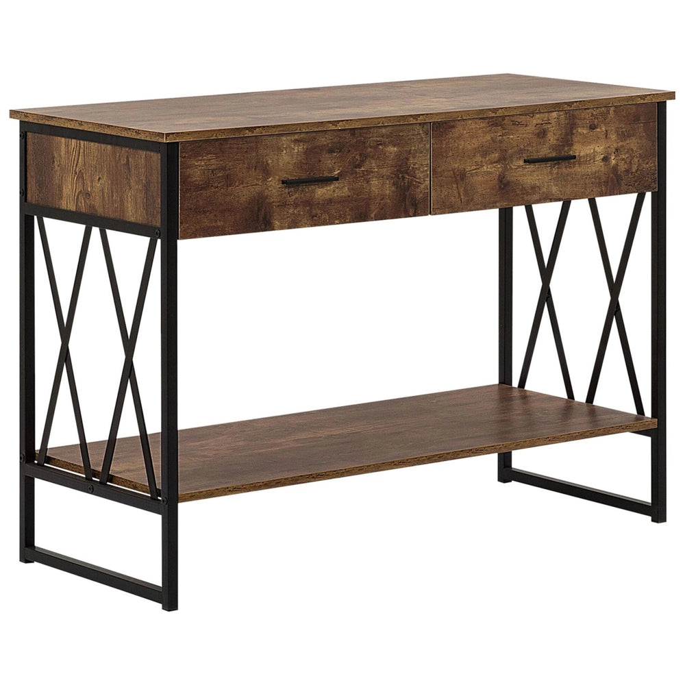 Consolle Madia credenza 2 cassetti Ripiano in legno scuro Struttura in metallo Nero Piano in truciolare in stile industriale Soggiorno