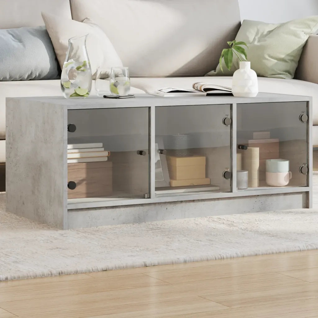 Tavolino Salotto con Ante in Vetro-Tavolino da soggiorno-Tavolo Grigio Cemento 102x50x42 cm