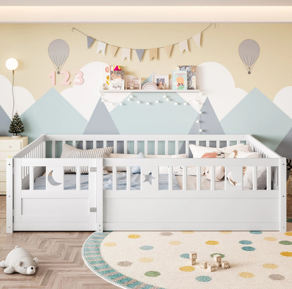Letto per bambini con sponde di sicurezza e decorazione luna e stelle, 140 x 190 cm, bianco