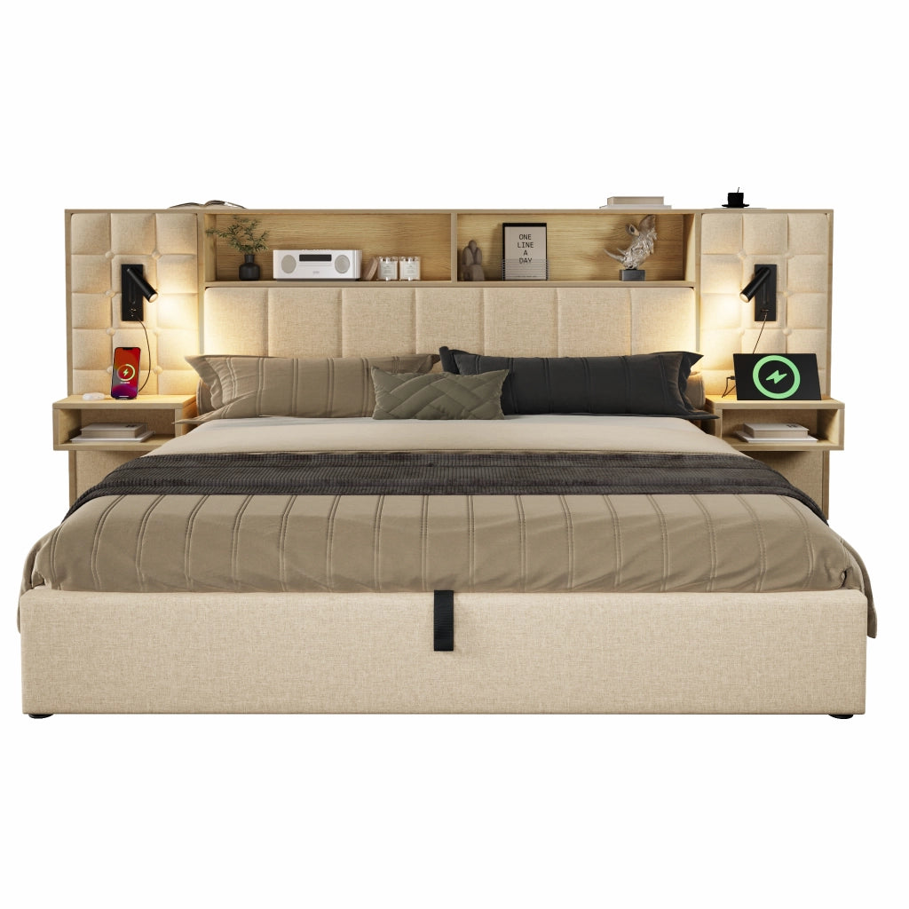 Letto matrimoniale 160x200 cm con contenitore, LED, USB e comodini integrati, in lino beige