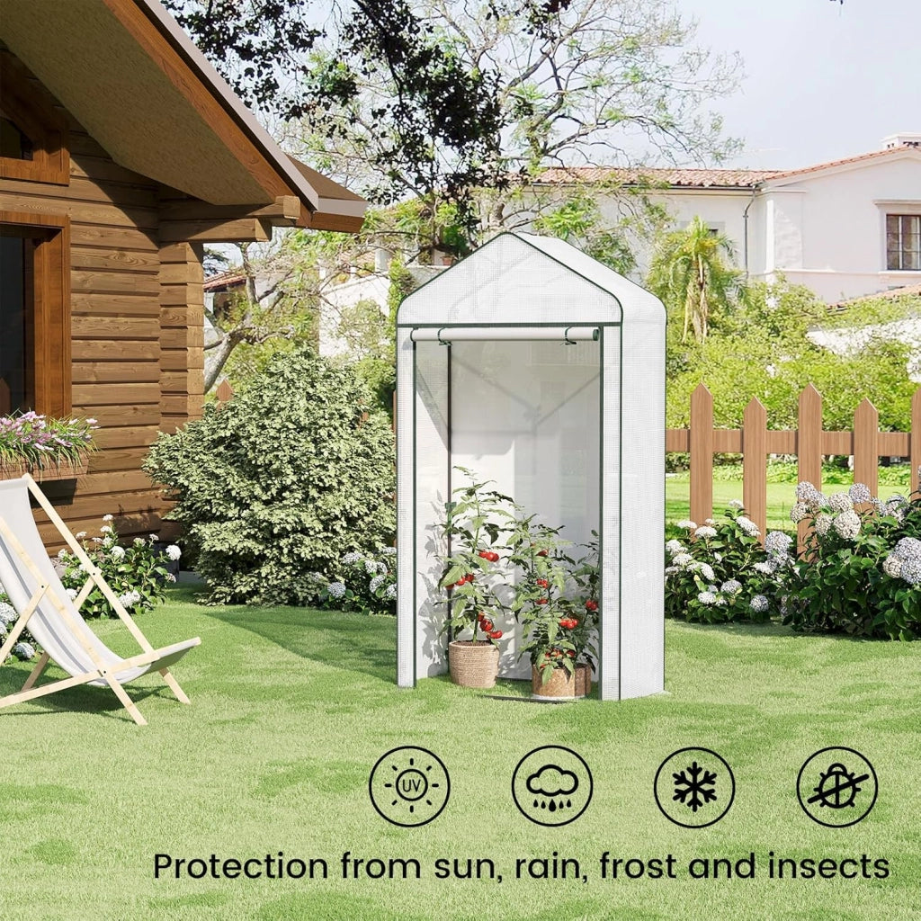 Serra da Giardino con Porte Avvolgibili, Serra da Balcone, Telo in Rete PE 140 g/m², per Piante Idrorepellente, 4 Picchetti, 100x50x190 cm, Bianco