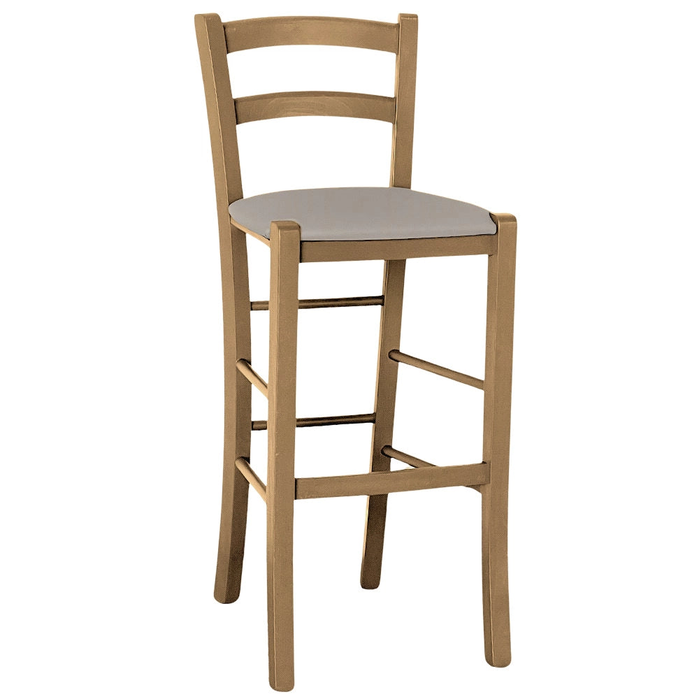 Sgabello in legno noce chiaro h 67 seduta imbottita in similpelle grigio tortora