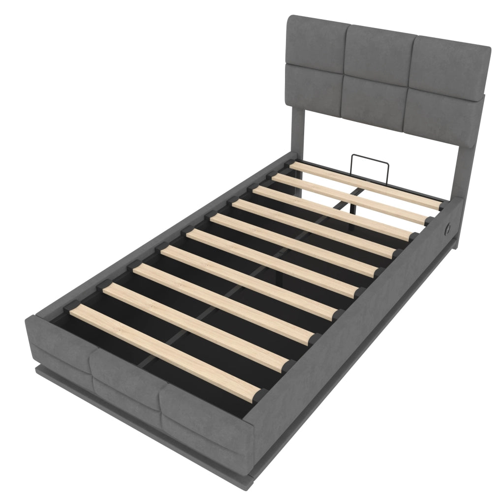 Letto 90x200 cm con testiera regolabile; LED; USB e contenitore in velluto grigio scuro
