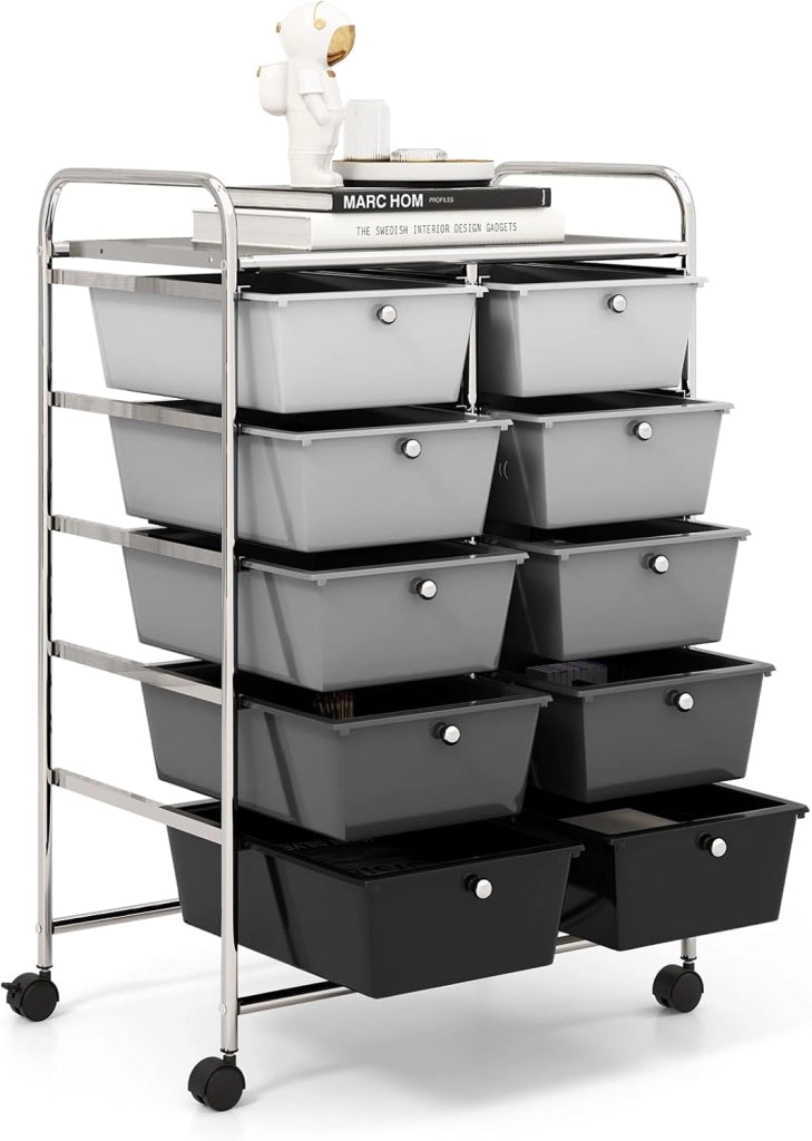 Carrello a 10 Cassetti con Ruote, Carrello di Stoccaggio con Stabilità Elevata, Carrello Multiuso per Casa Ufficio e Scuola, 65,5 x 37 x 87 cm (Sfumatura nera)