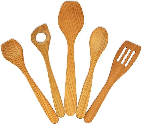 Set di 5 spatole di legno di ciliegio, aiuto in cucina, composto da 3 x spatole e 2 x cucchiai da cucina, prodotto in Europa, spatola di legno del 100% FSC