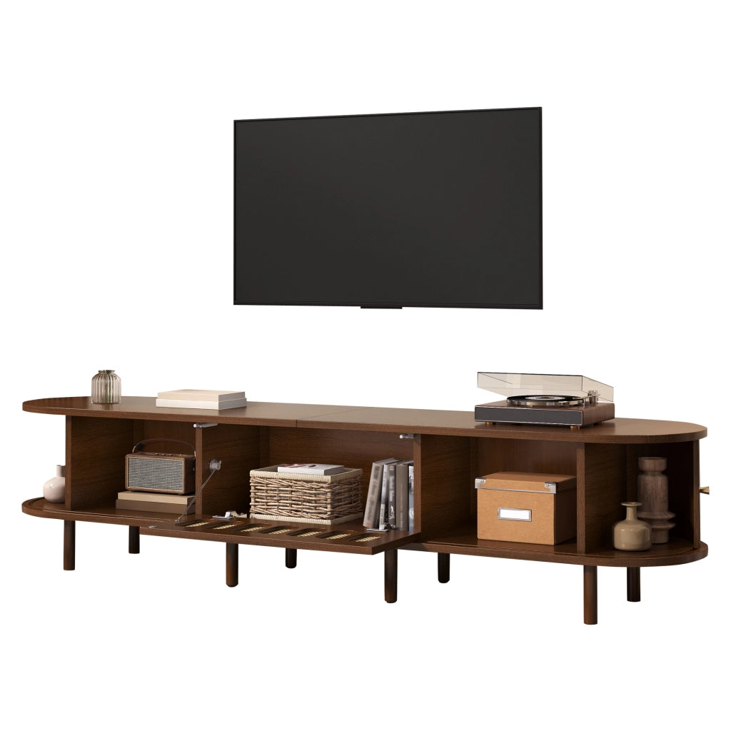 Mobile porta TV con 1 anta a ribalta in rattan e 2 ante a serranda, 5 vani chiusi, per soggiorno, in MDF, noce, 180 × 40 × 40 cm