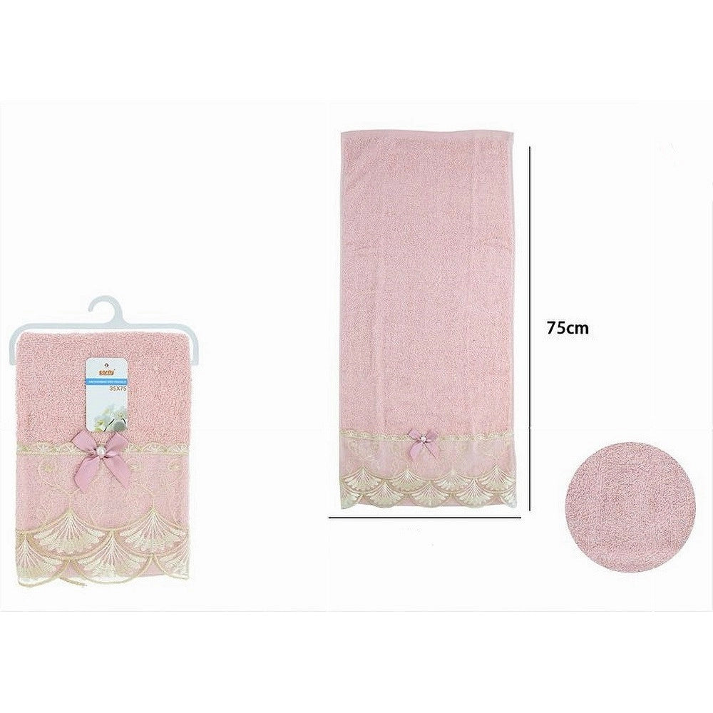 Trade Shop - Asciugamano Bagno Viso Piccolo Cotone Morbido Decorato 35 X 75cm 95gr Rosa 79505 -
