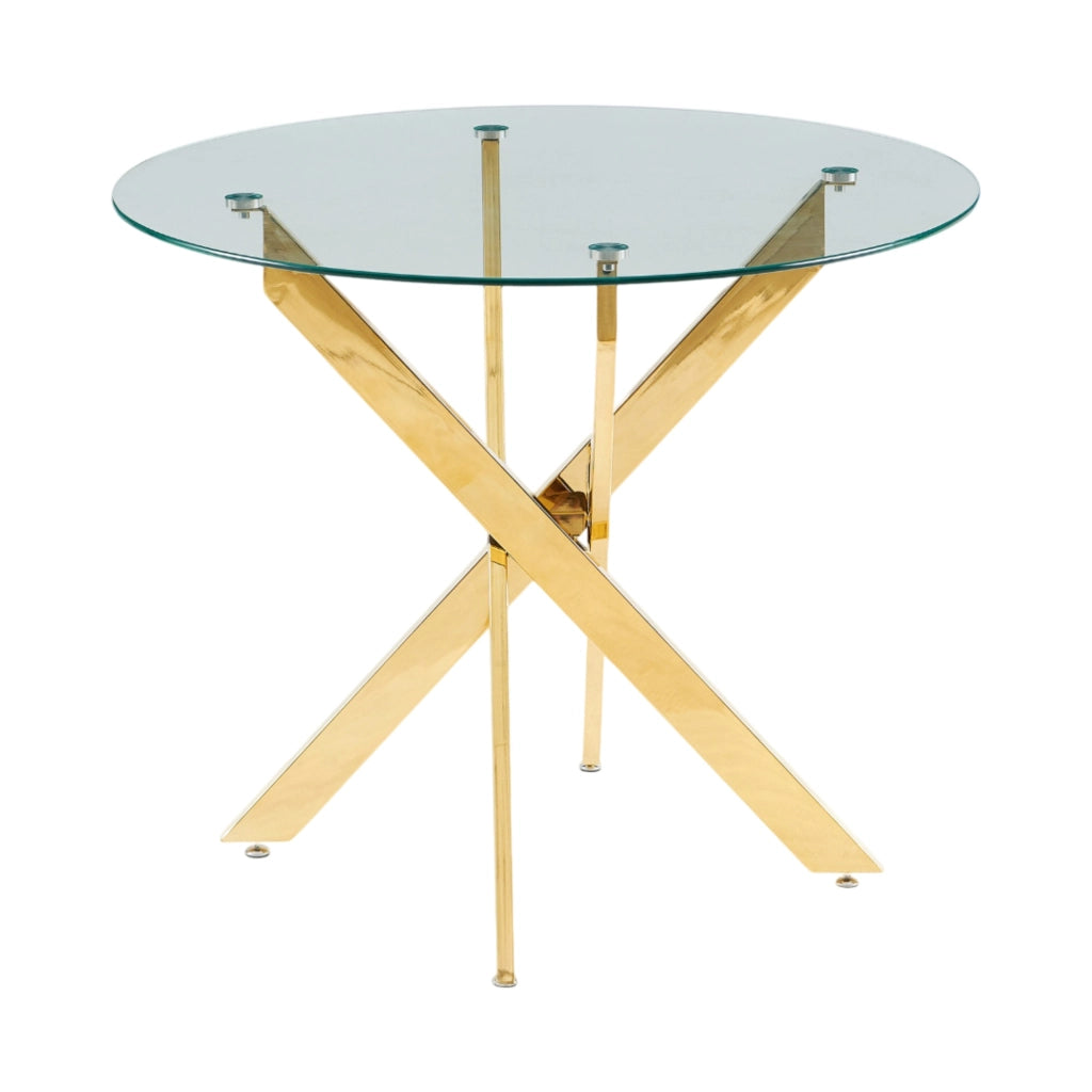 Tavolo da pranzo rotondo in vetro e metallo color oro, design moderno per cucina e soggiorno
