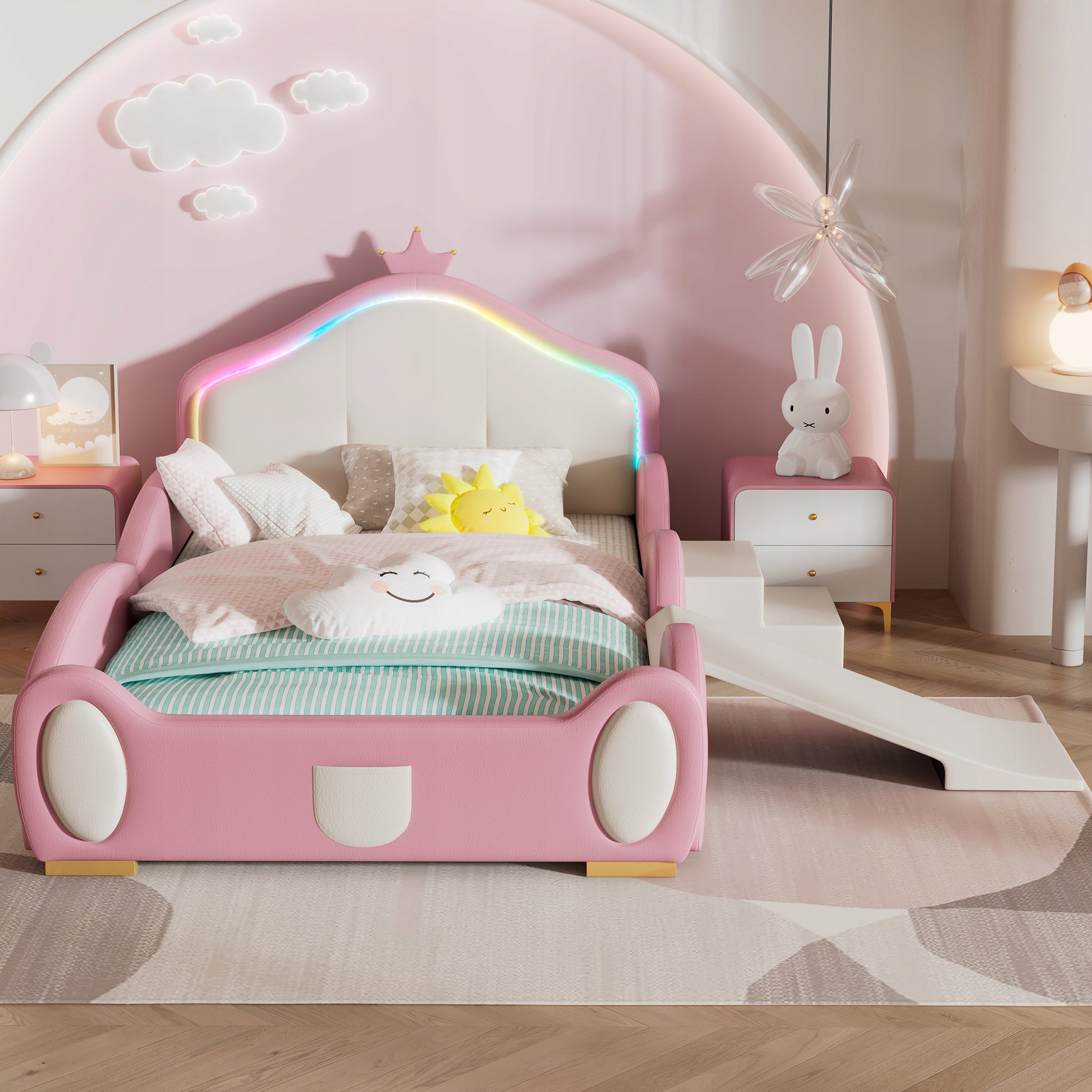 Letto a castello con scivolo LED - Xylo - 90x200cm - Rosa+Beige