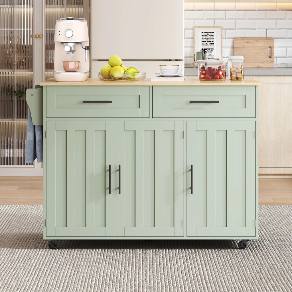 Carrello cucina con piano ribaltabile 129x71x91,5 cm verde antico, 2 cassetti, 3 vani, ruote e piedini
