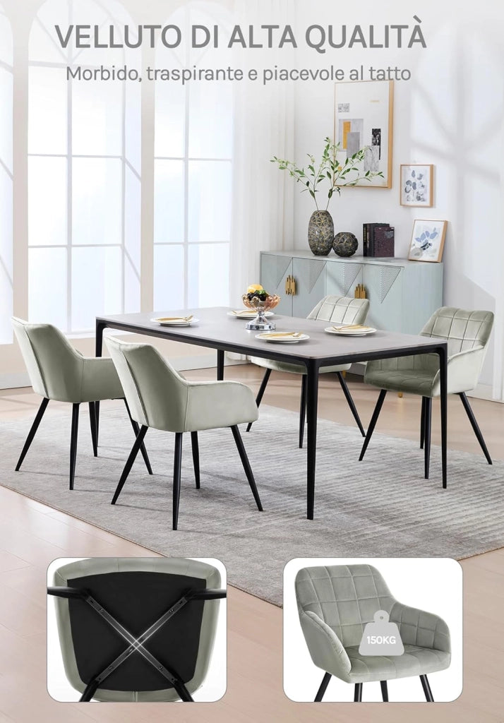Sedia per Sala da Pranzo Imbottita, Poltroncina in Velluto,Sedia da Cucina con Braccioli e Schienale, Gambe in Metallo, moderne,Grigio, BH93gr-1