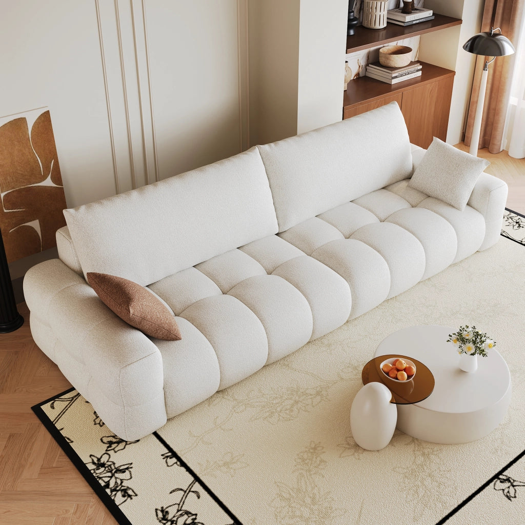 Divano modulare con chaise longue reversibile e seduta profonda senza montaggio in tessuto bianco crema 260 cm