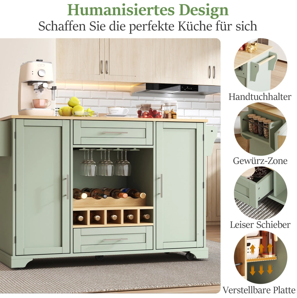 Carrello da cucina verde antico con piano pieghevole e portabottiglie