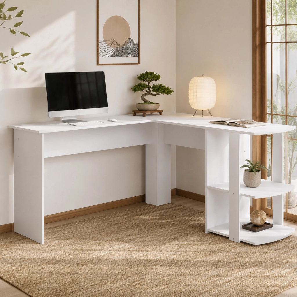 Scrivania angolare a L 140 x 140 cm bianca con 2 ripiani
