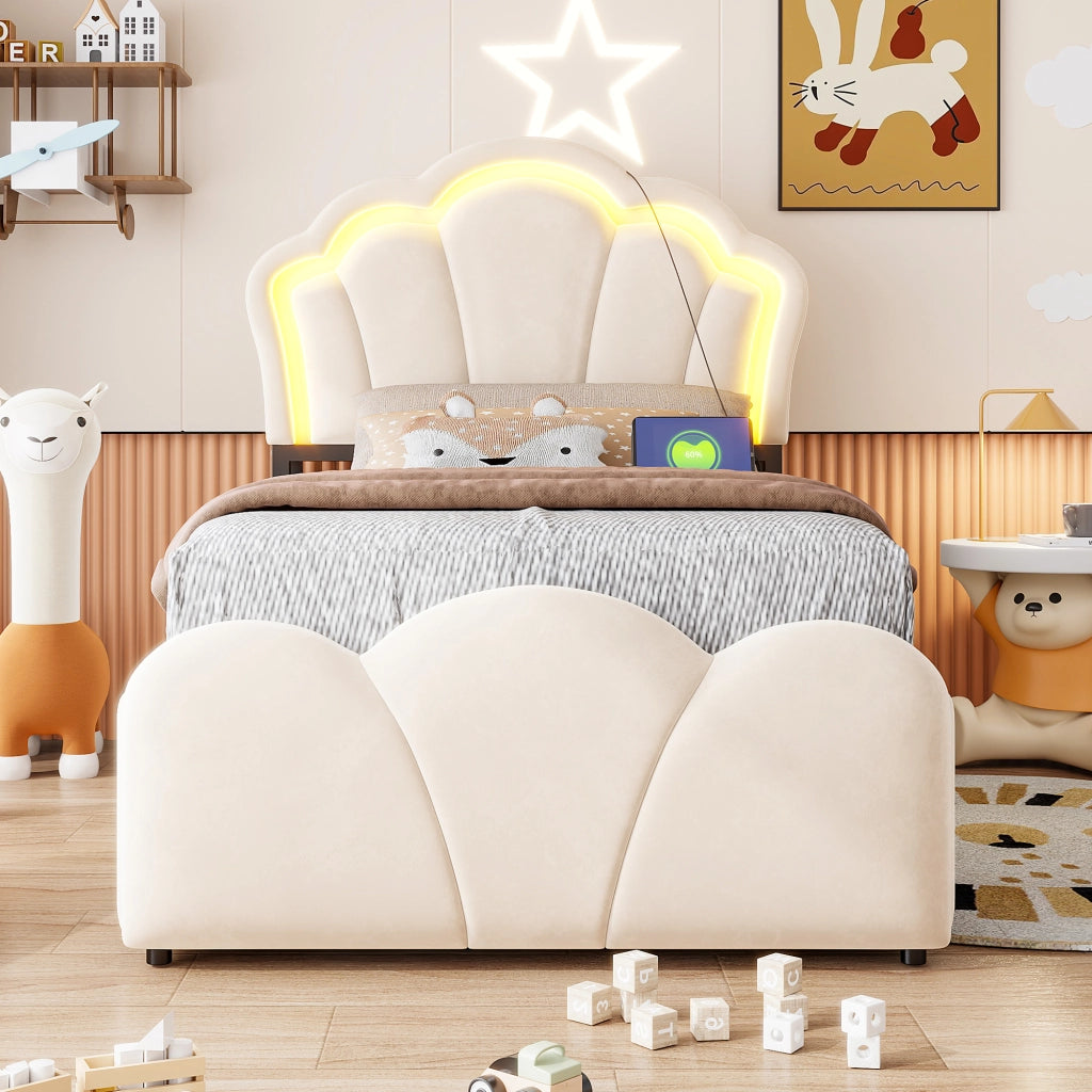 LETTO imbottito 90x200 cm in velluto beige con contenitore idraulico, LED e prese