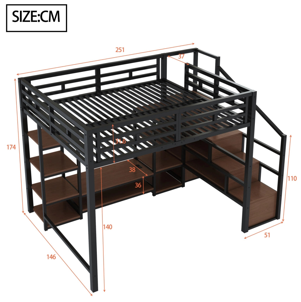 Hochbett 140x200 cm con supporto TV; presa e scala di sicurezza; metallo; nero