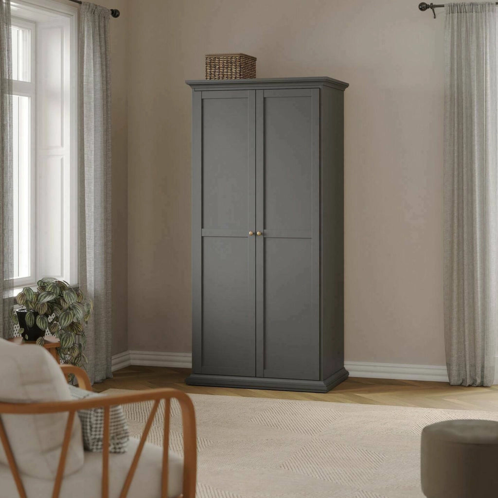 Guardaroba 2 ante Albiolo, Mobile camera da letto, Cabina armadio portabiti, Armadio appendiabiti, 96x61 h201 cm, Grigio