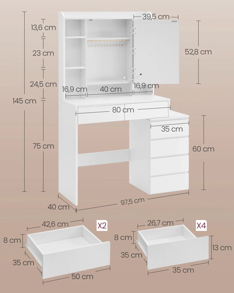 Toletta con grande specchio LED e luminosità regolabile 40 x 97,5 x 145 cm con specchio scomparti a giorno ripiani regolabili bianco moderno 12_0005175