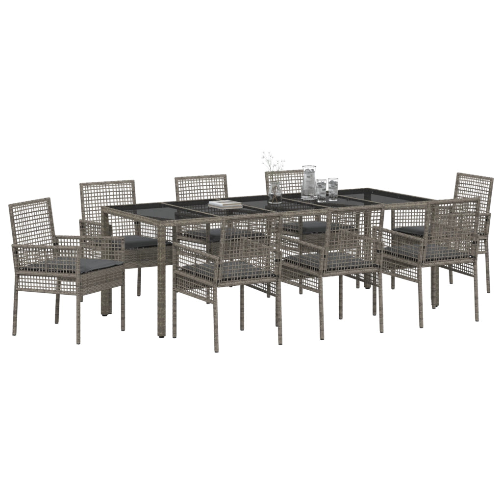 Set da Pranzo da Giardino 9 Pezzi con Cuscini Grigio in Polyrattan