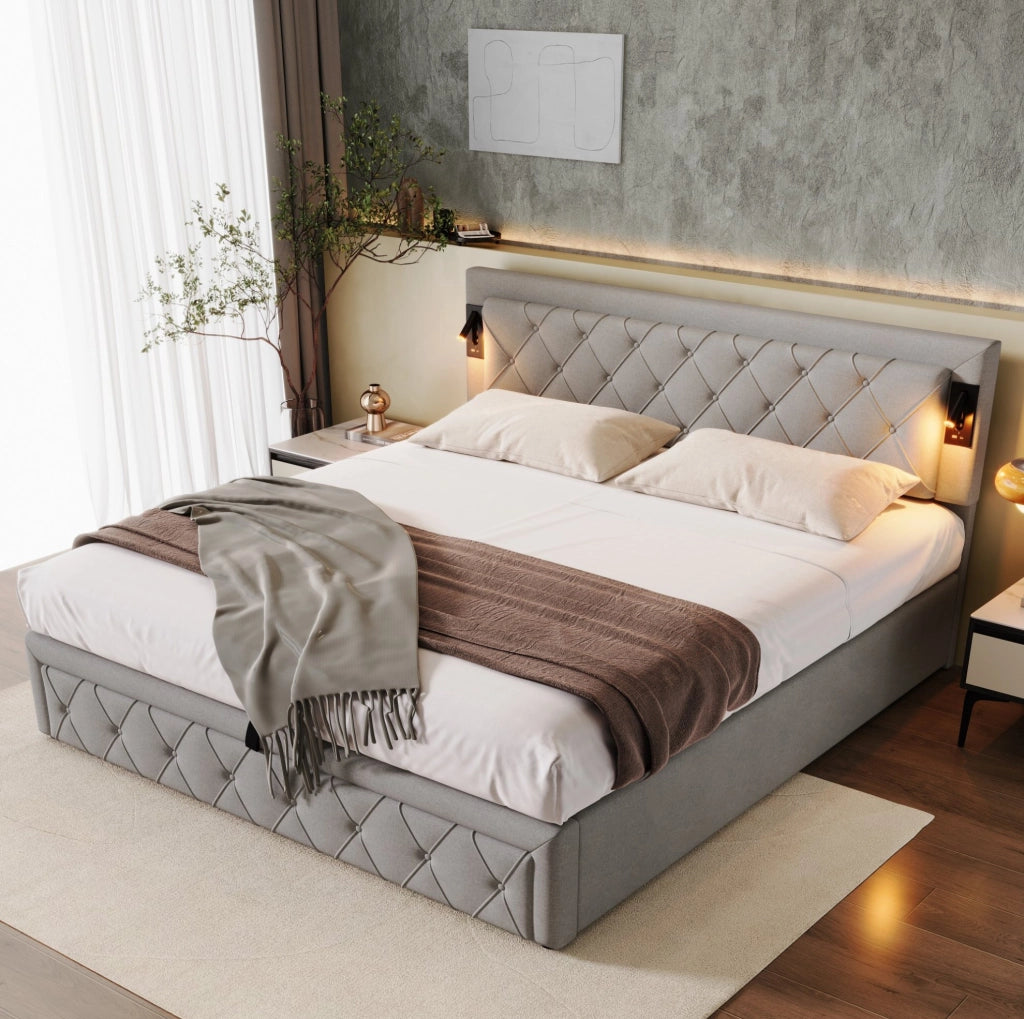 Letto contenitore con LED e USB; rete a doghe in legno; lino grigio