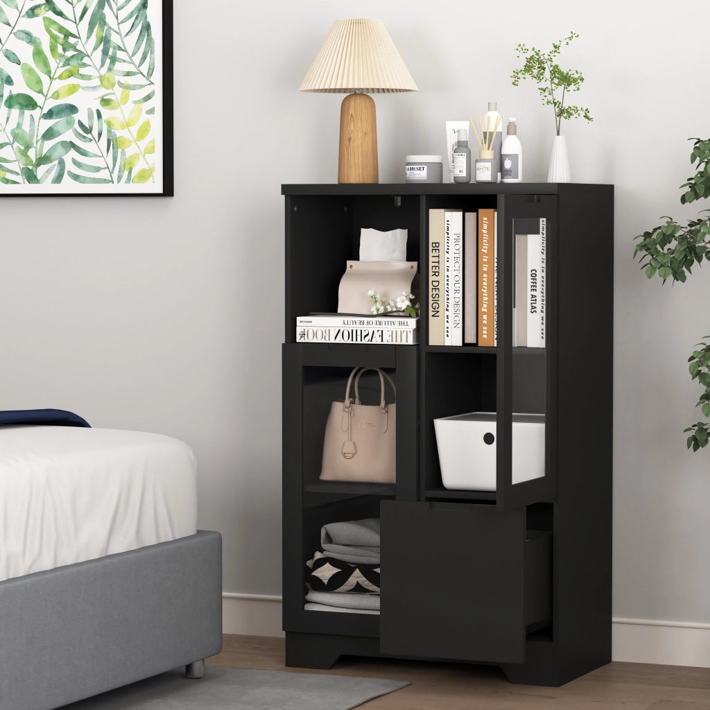 OKWISH Credenza Contenitore con 2 Ante in Vetro, 2 Ripiani Regolabili e 2 Vani Aperti, per Soggiorno, MDF, Nero