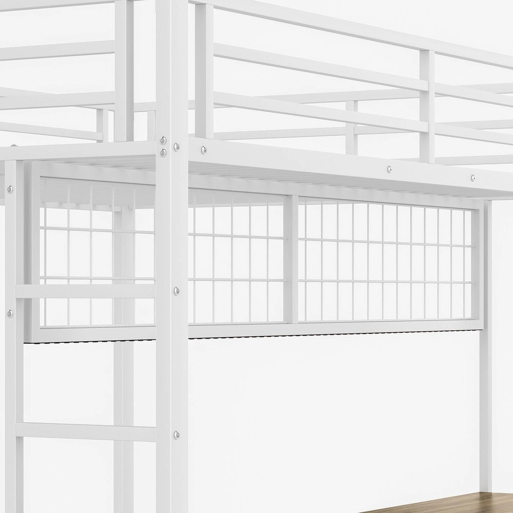 Letto a Soppalco con Scrivania e LED ¨C MINIMAL ¨C Bianco, 90x200 / 140x200, Ferro, Cassetti