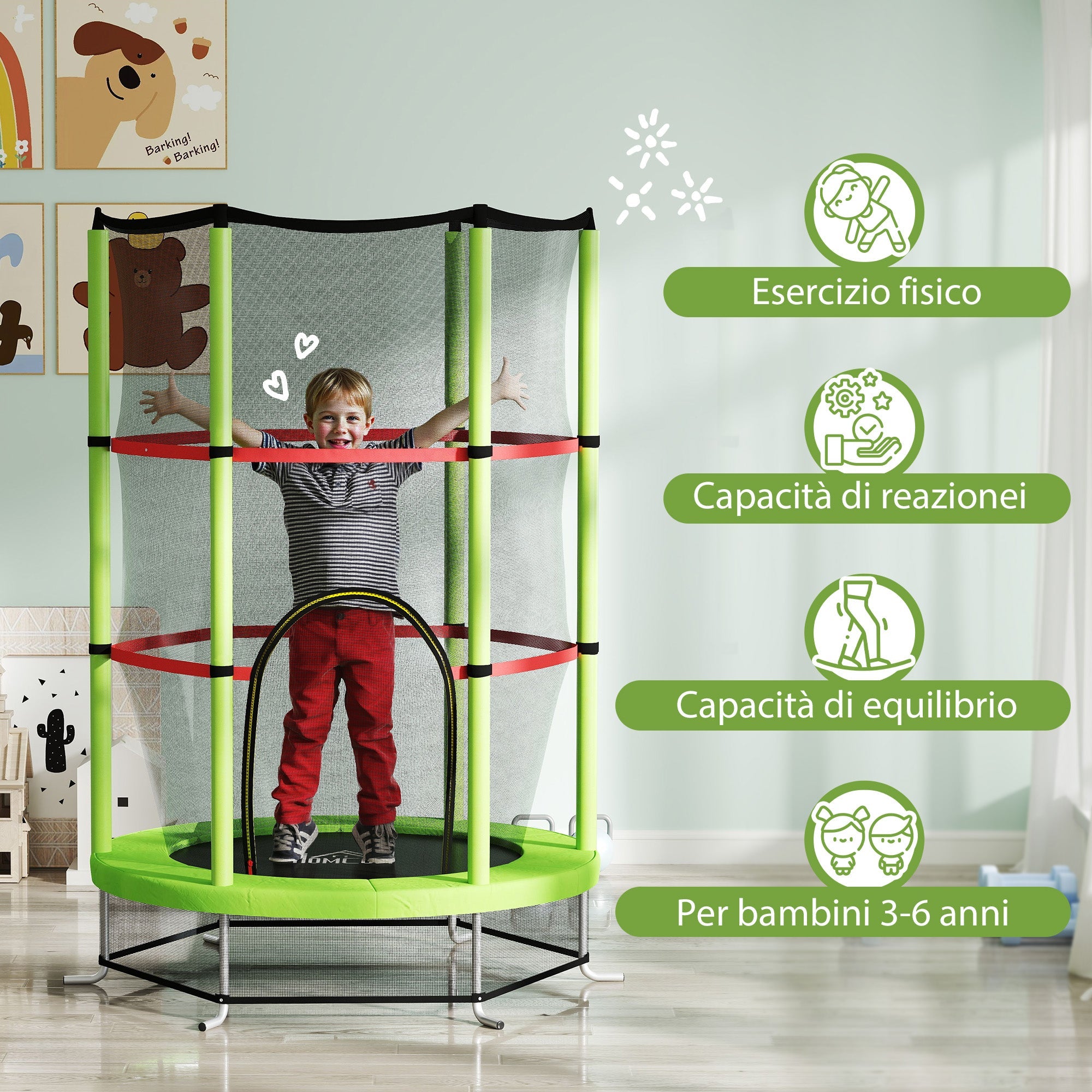Tappeto Elastico per Bambini 3-6 Anni Ø140x190 cm con Rete di Protezione Verde e Nero