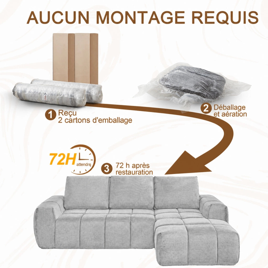 Divano angolare con design segmentato trapuntato, supporto in schiuma e molle, senza montaggio, in velluto taupe