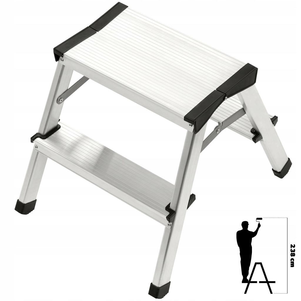 Scala a piattaforma in alluminio KADAX a 2 gradini, pieghevoli su entrambi i lati.