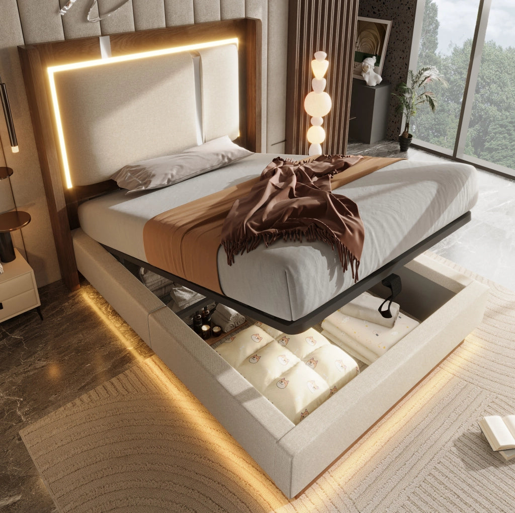 Letto imbottito 90x200 con LED, contenitore e rete a doghe