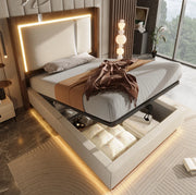 Letto imbottito 90x200 con LED, contenitore e rete a doghe