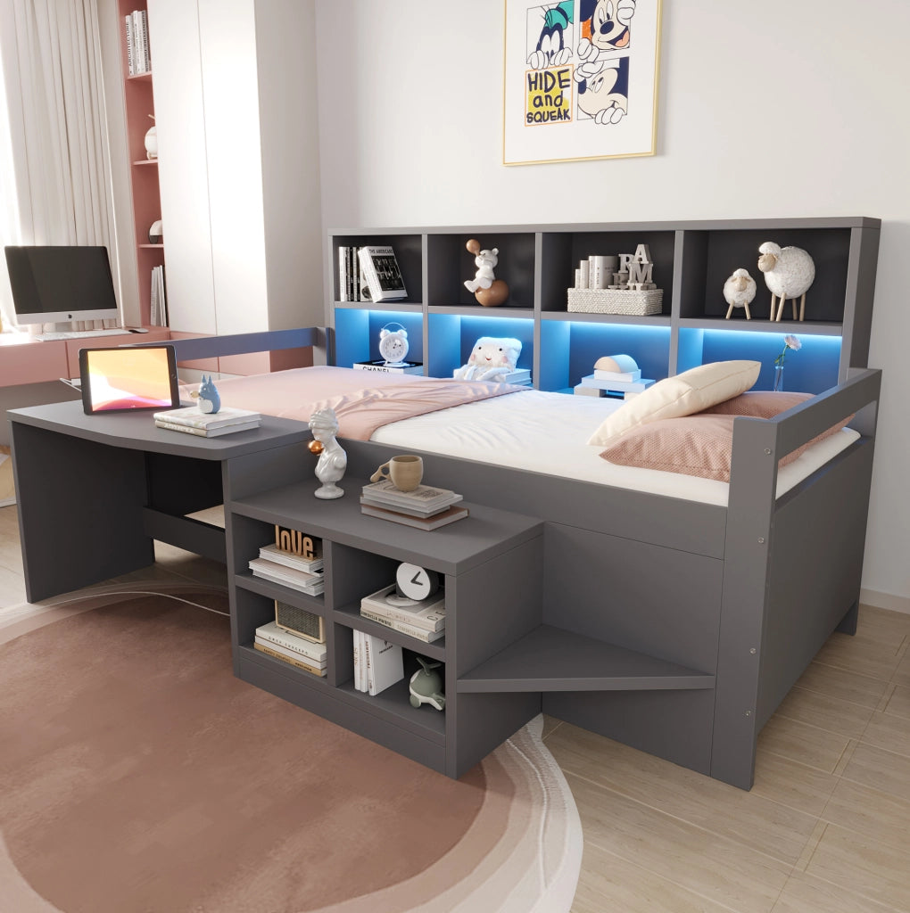 Letto singolo multifunzione 90x200 cm con scrivania; vani contenitore e LED; grigio