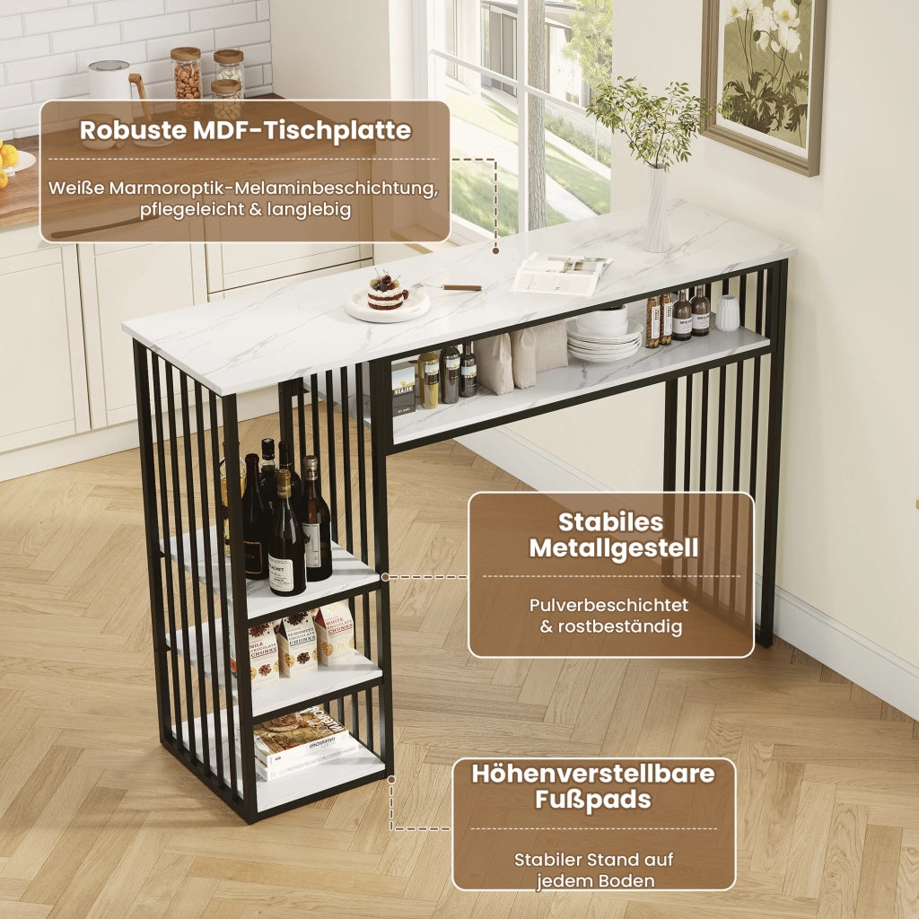 Tavolo da pranzo con 3 ripiani e piano in MDF effetto marmo, in metallo, per cucina, bianco nero, 140 × 40 × 105 cm