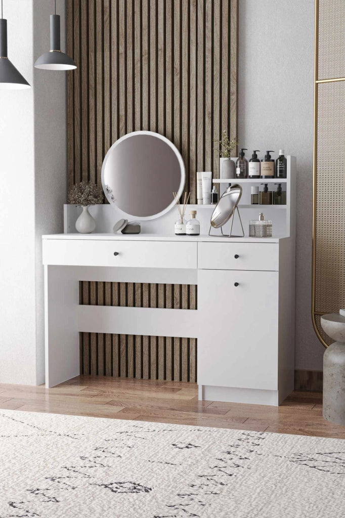 Comodino "Harmony Round" con specchio rotondo in legno - 124 x 40 x 135 cm - Bianco