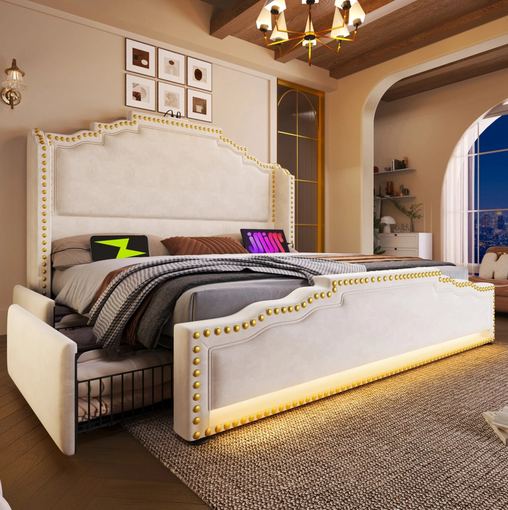 Letto matrimoniale beige 160x200 in velluto con LED, USB-C e 4 cassetti