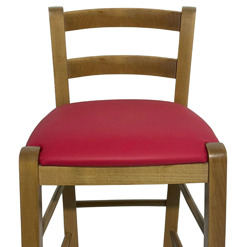 Sgabello in legno noce chiaro con schienale h 66 cm con seduta similpelle rosso