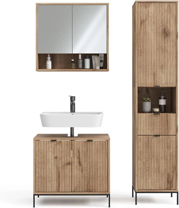 Set di mobili da bagno Eliza, Quercia vichinga, 70 cm, composto da mobile sottolavabo, specchiera e colonna alta