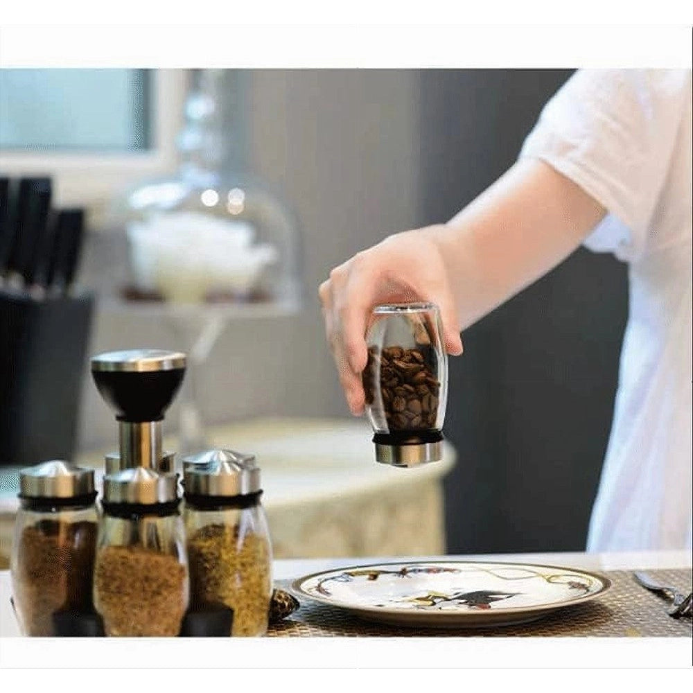 Trade Shop - Portaspezie Girevole Con 6 Barattoli In Vetro Tappi Spargispezie Organizer Cucina -