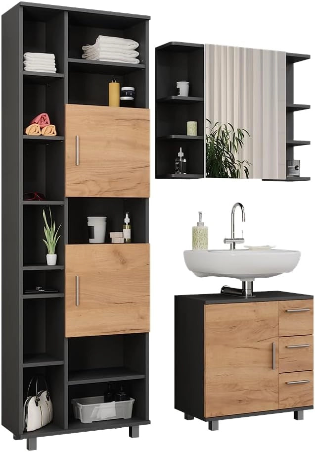 Set di mobili da bagno Ilias, Antracite/quercia dorata, 60.2 cm, composto da mobile sottolavabo, specchiera e colonna alta