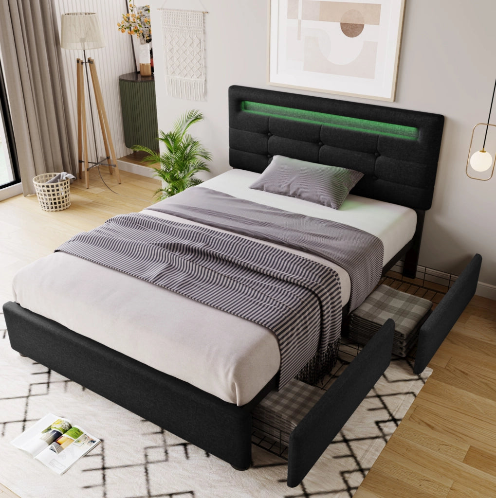 Letto singolo 90x200 cm con LED, 2 cassetti e testiera regolabile