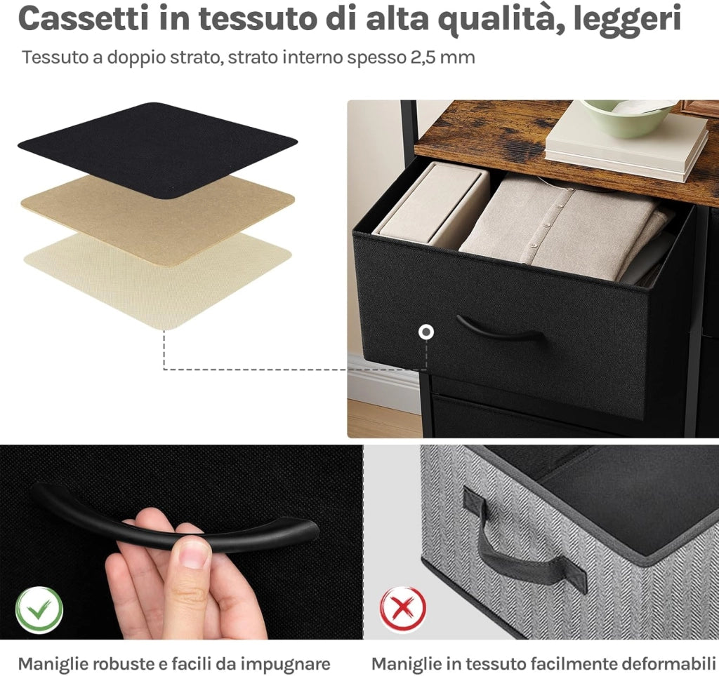 Cassettiera a 8 Cassetti in Tessuto, Cassettiera per Camera da Letto, con Sezione di Ricarica e Ganci, Piani Legno e Struttura in Metallo, Marrone Rustico+Nero