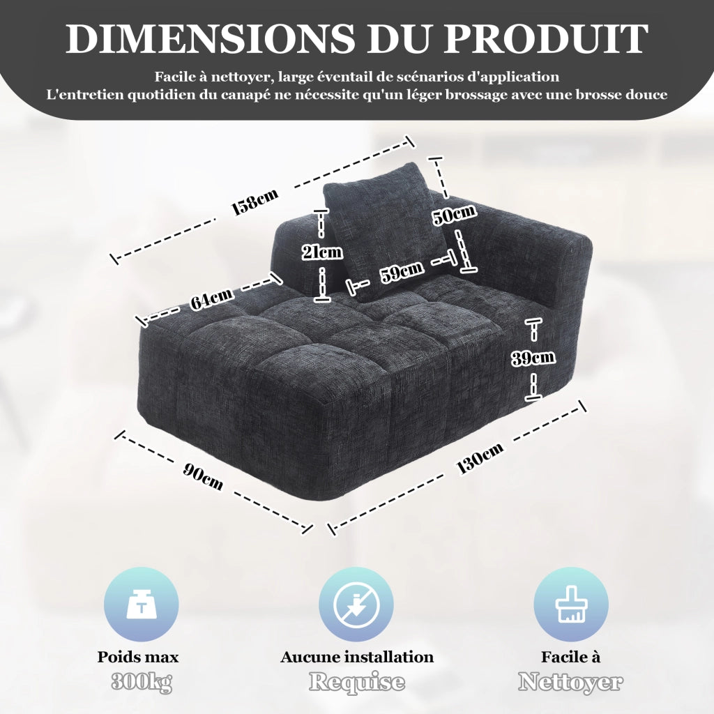 OKWISH Dormeuse con Seduta Imbottita, Tasche Laterali e Cuscino, Comfort Avvolgente per Relax, Ciniglia, Nero