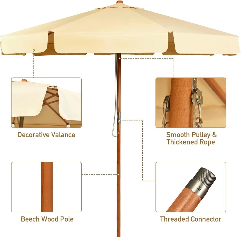 Ombrellone da Giardino 3 m Faggio, Regolabile 8 Montanti, Manovella 30° Inclinazione, Parasole Beige