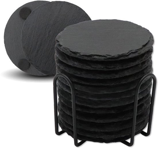 VIBRATITE Leisteen Onderzetters, 12 pezzi Ronde Glazen Onderzetters con Alloggiamento, 10,2 cm Piattaforma di Pietra Nera per Drinchi, Bicchieri, Tazze, Bar