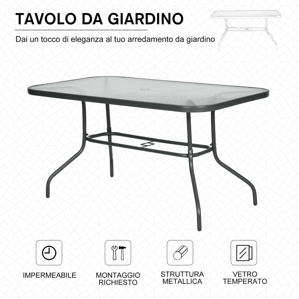 Tavolo da Giardino con Foro per Ombrellone ¨C zephmum ¨C Grigio Metallo Vetro 140x80x70cm